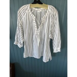 Vtg Jore Women S Half Sleeve Top Blouse White With Black Strips V Neck